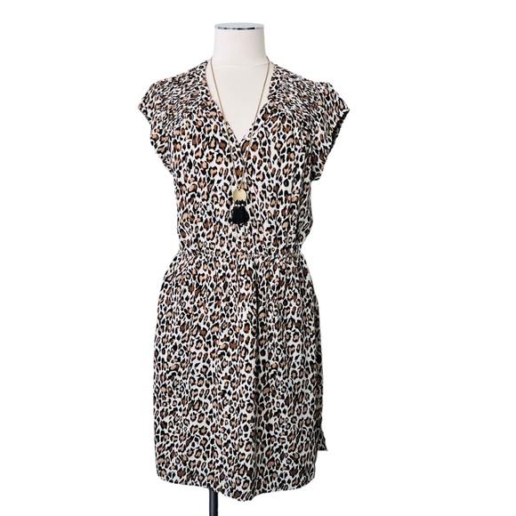 DR2 Dresses & Skirts - DR2 Leopard Dress Shirred Detail Elastic Waistband Pockets Brown Cream Sz M